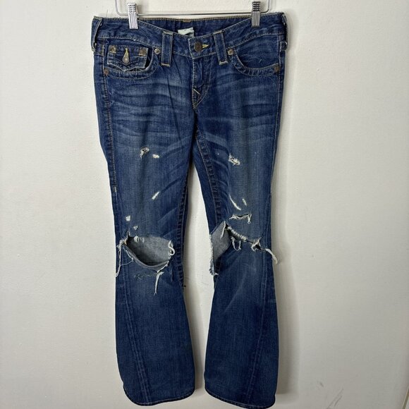 True Religion Joey Dark Hollow First Edition Destroyed Woman 27X32 Bootcut Flare - Picture 2 of 11